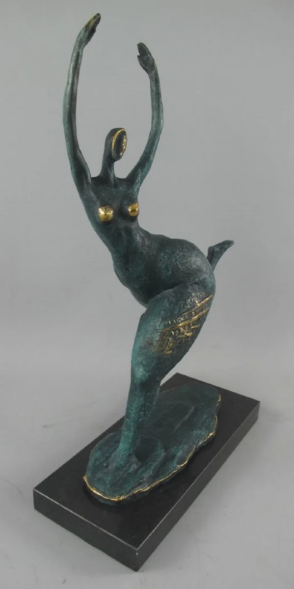 Luxus Bronze Deko Skulptur Tänzerin Türkis / Gold / Schwarz 35 x 15 x H. 48 cm - Abstrakte Bronze Deko Figur mit Marmorsockel - Schreibtisch Deko - Deko Accessoires