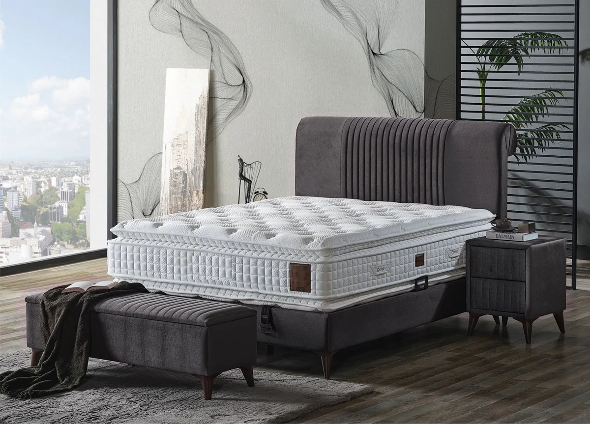 Luxury double bed gray / white / dark brown 180 x 200 cm - solid wood bed with headboard and mattress - bedroom furniture - hotel furniture - luxury furniture - luxury furnishings