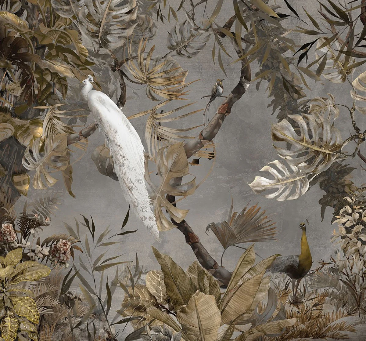 Luxus Vorhang Set Weißer Pfau im Wald Grau / Mehrfarbig 250 x H. 290 cm - Bedruckte Samt Gardinen - Ösenvorhänge - Wohnzimmer Vorhänge - Luxus Vorhänge - Luxus Qualität