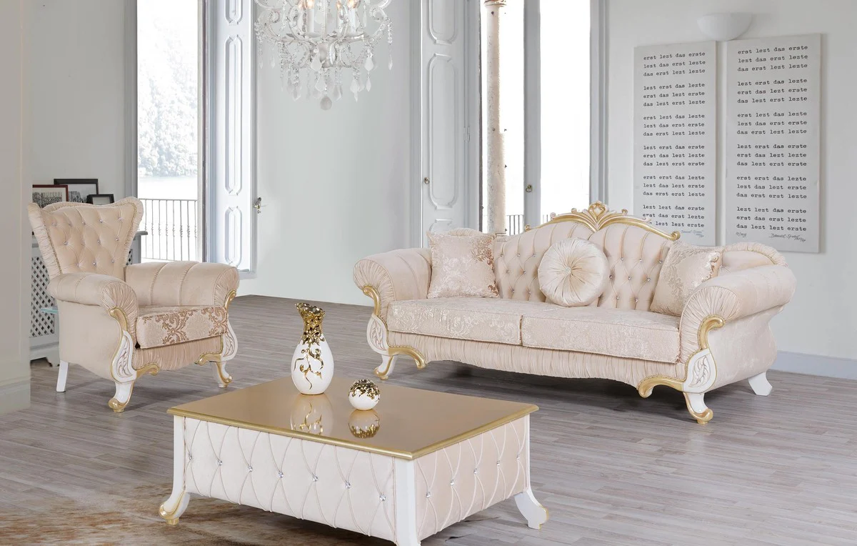 Baroque living room set beige / white / gold - 2 sofas & 2 armchairs & 1 coffee table - living room furniture in baroque style - noble baroque furniture