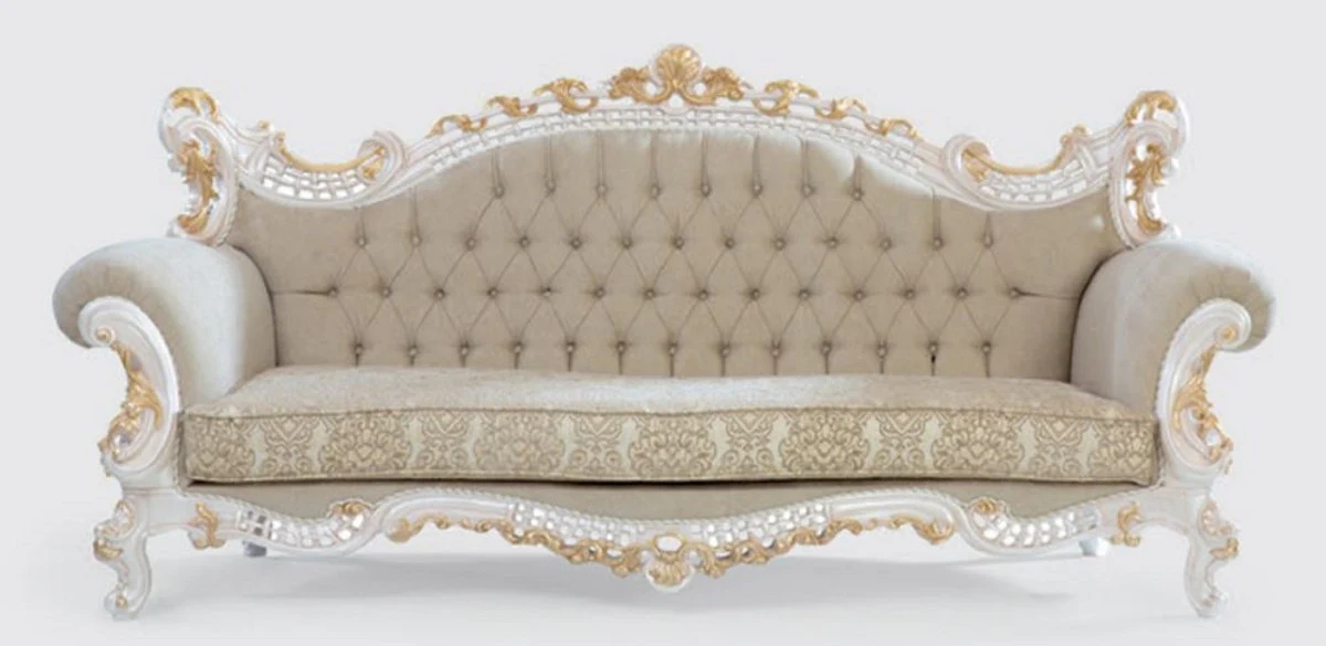Luxury Baroque Sofa Greige / White / Gold 230 x 95 x H. 130 cm - Handmade Living Room Sofa with Elegant Pattern - Baroque Living Room Furniture - Noble & Magnificent