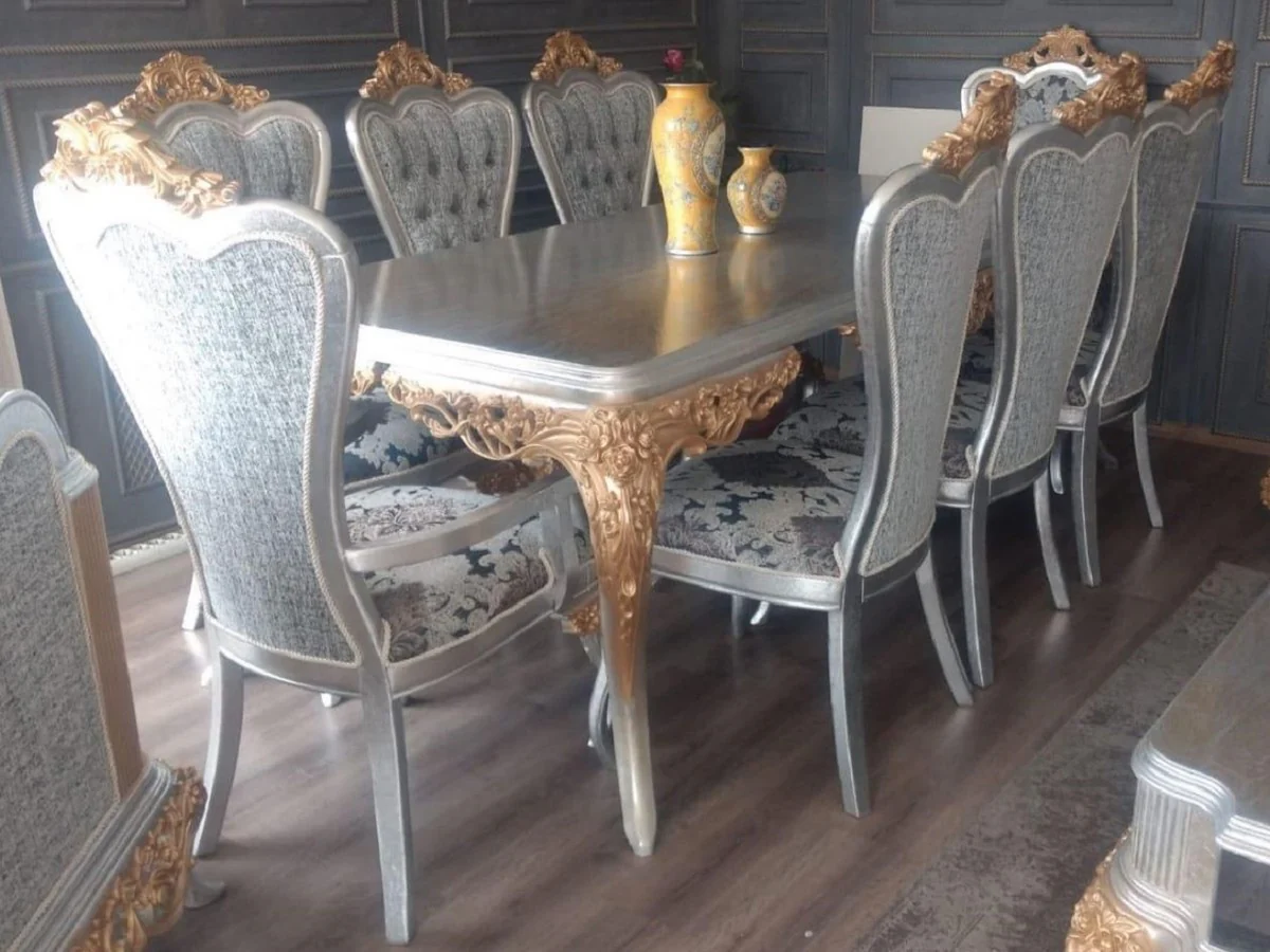 Luxury Baroque Dining Room Set Blue / White / Silver / Copper - 1 Baroque Dining Table & 6 Baroque Dining Chairs - Dining Room Furniture in Baroque Style - Noble & Magnificent