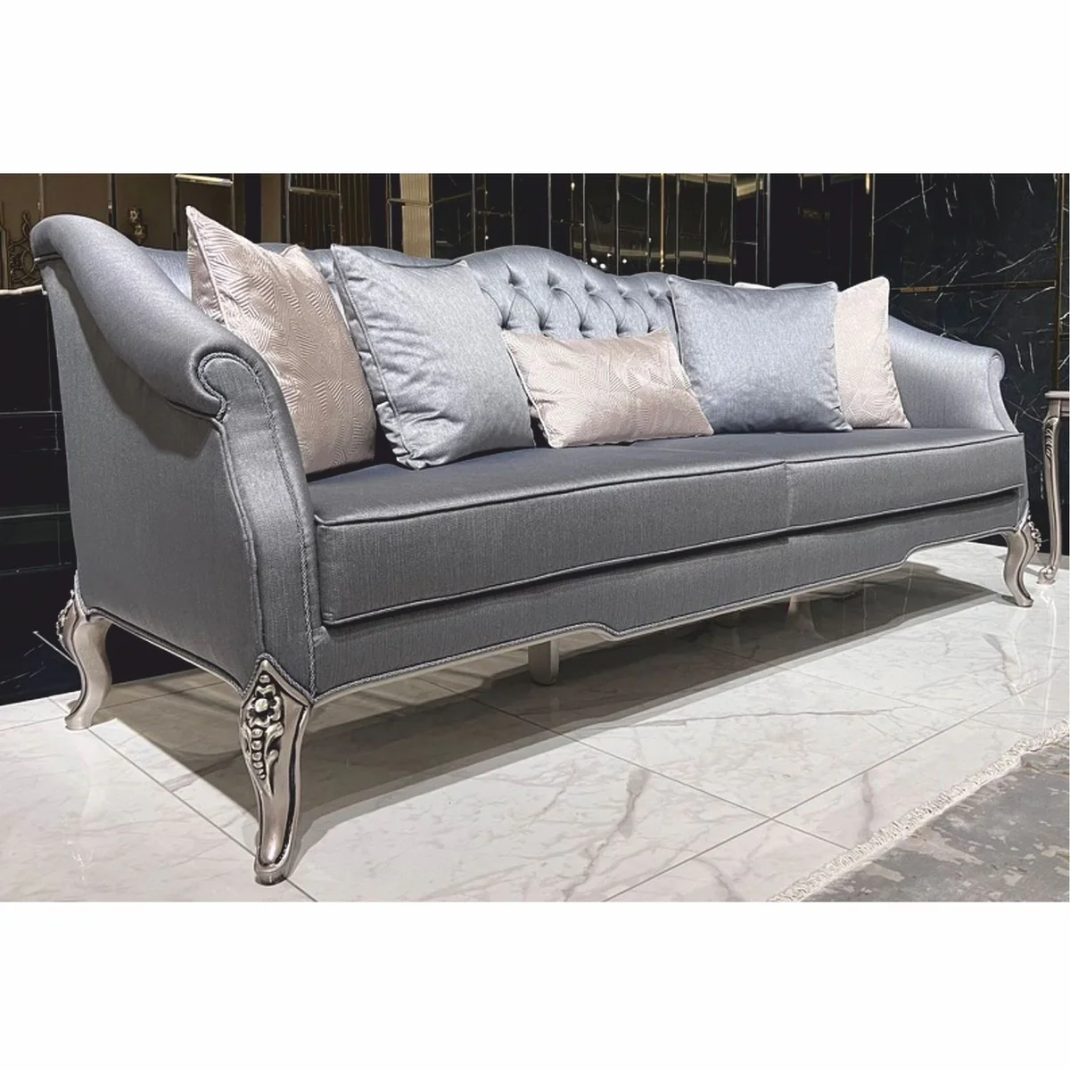 Luxury Baroque Sofa Light Blue / Silver 225 cm - Baroque style living room furniture
