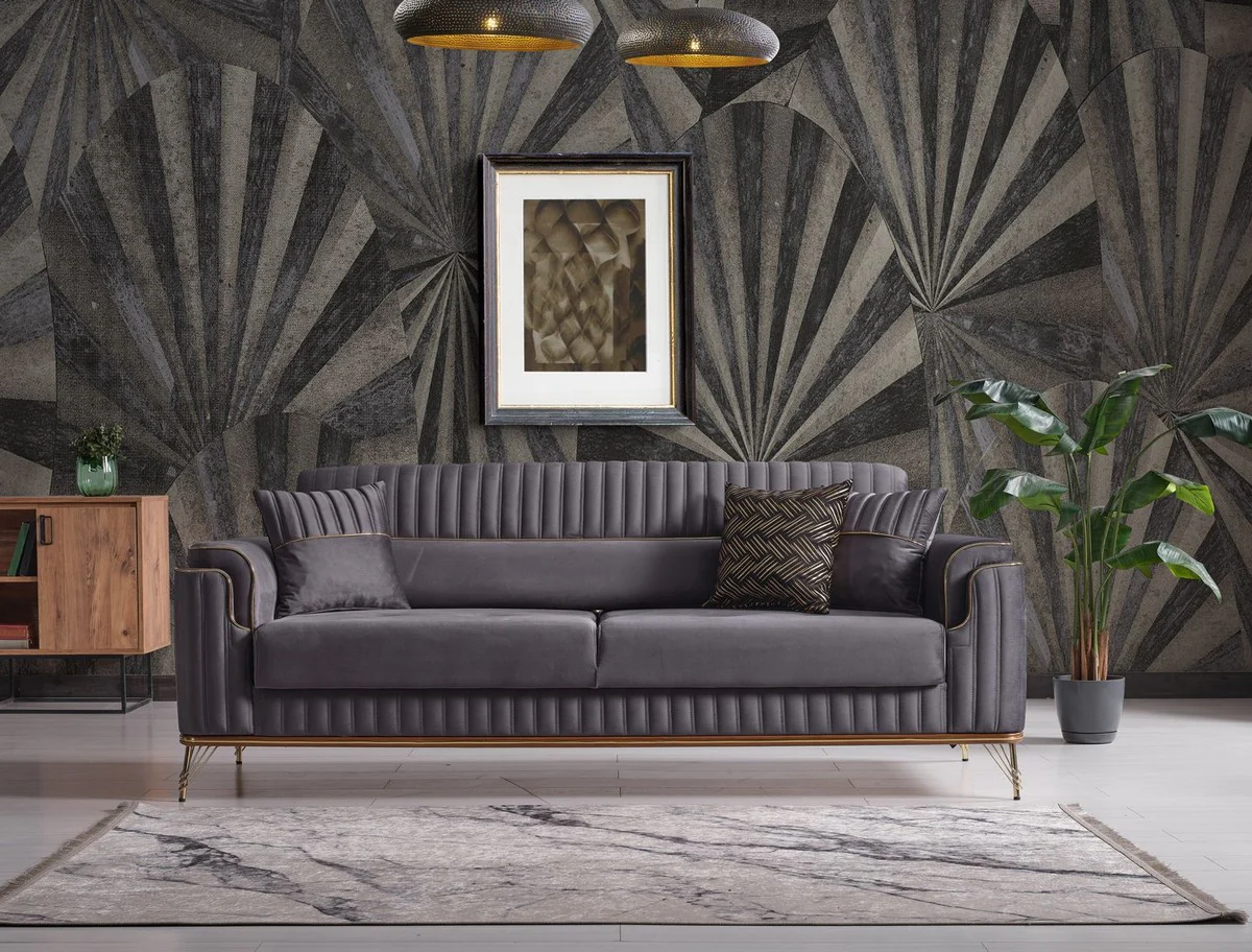 Luxury sofa bed dark gray / brown / gold 228 x 94 x H. 88 cm - living room sofa with 3 cushions - luxury living room furniture