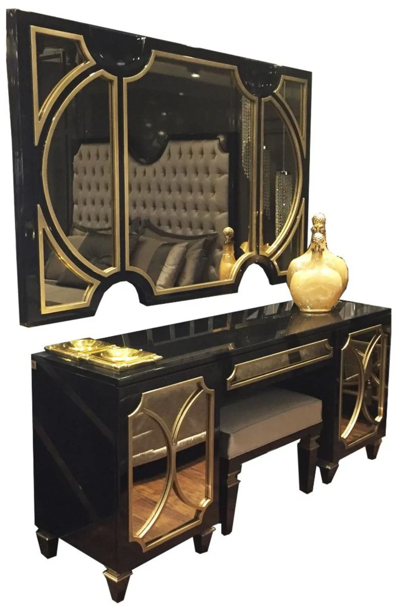 Luxury Baroque Bedroom Set Black / Gold - 1 Wall Mirror & 1 Chest of Drawers & 1 Stool - Bedroom Furniture - Noble & Magnificent