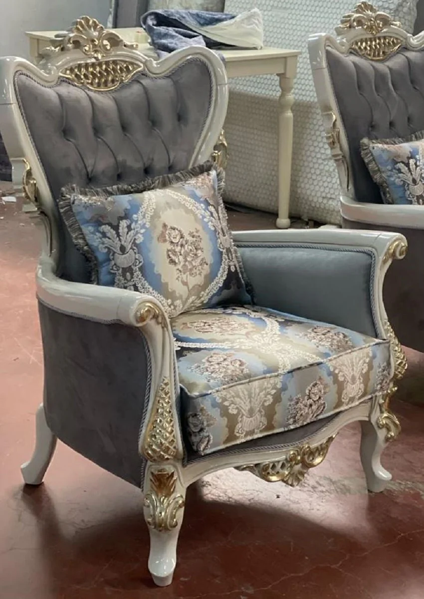 Luxury Baroque Living Room Set Gray / Multicolored / White / Gold - 2 Baroque Sofas & 2 Baroque Armchairs & 1 Baroque Coffee Table - Handmade Baroque Living Room Furniture - Noble & Magnificent