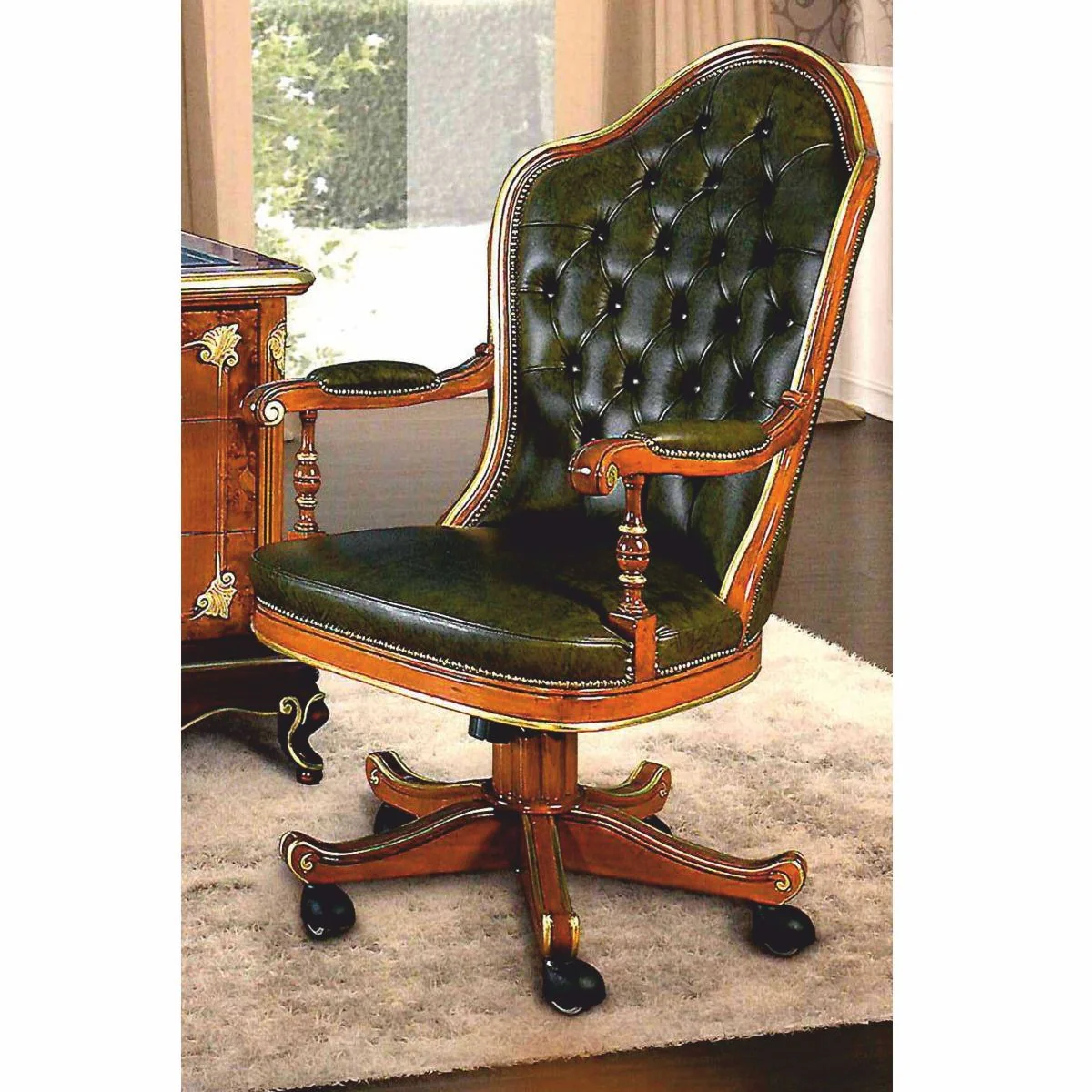 Luxury Baroque Chesterfield Leather Desk Chair Green / Brown / Gold - Made in Italy