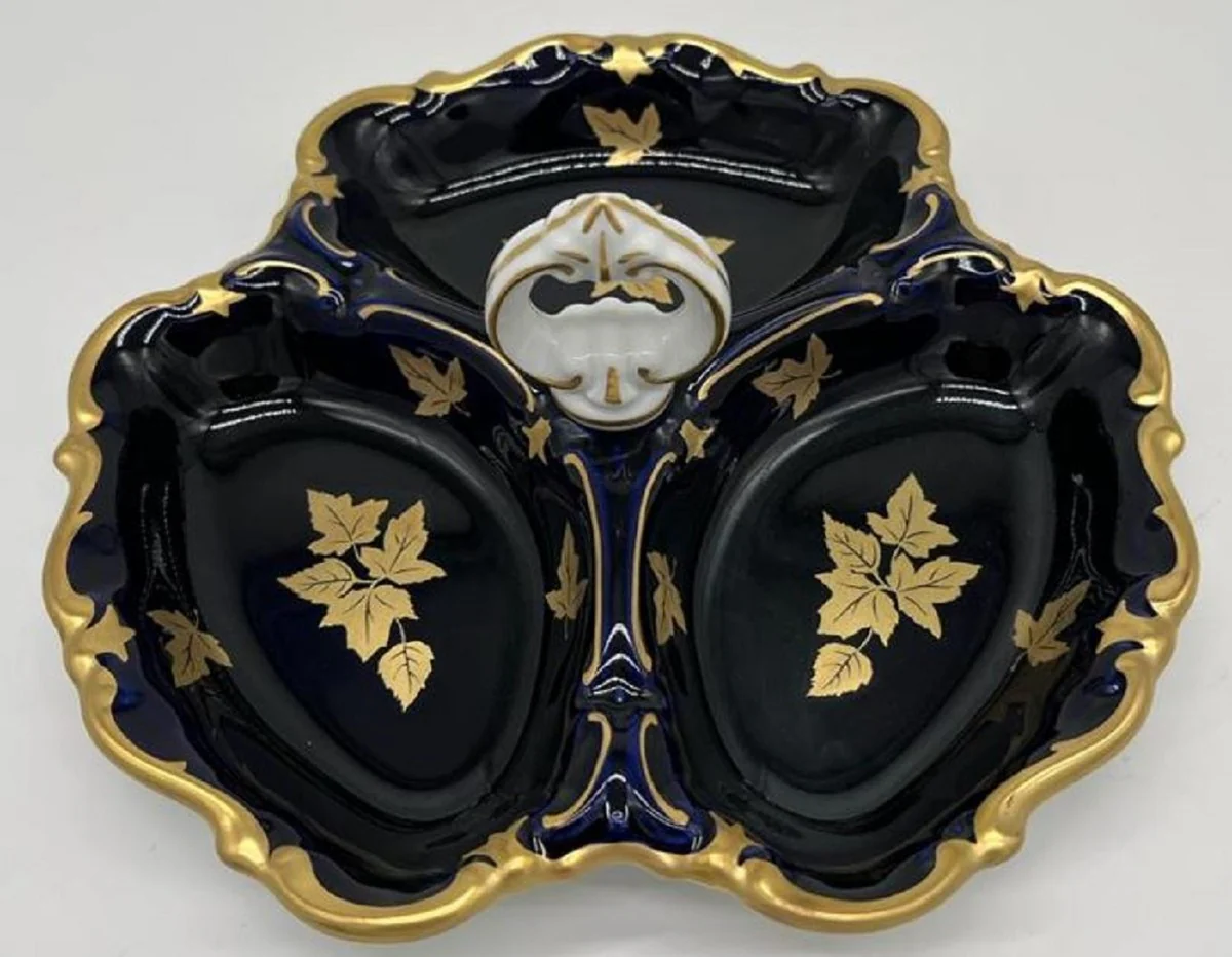 Luxus Barock Porzellan Servierschale mit Tragegriff Dunkelblau / Weiß / Gold Ø 25 cm - Gebäck & Nuss Schale - Luxus Barock Accessoires - Reichenbach Porzellan - Made in Germany