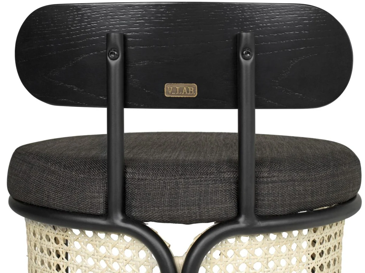 Designer bar chair with backrest black / natural color Ø 40.5 x H. 90 cm - Round padded bar stool with elegant rattan weave and powder-coated steel frame