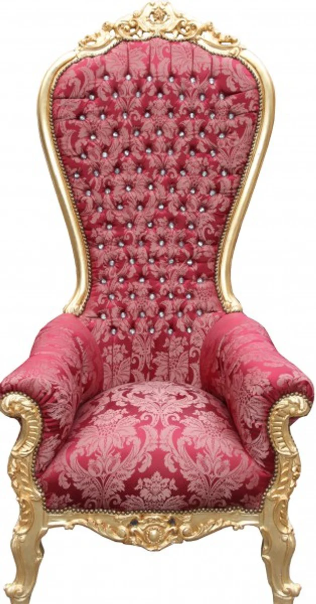 Barock Thron Sessel Majestic Mod2 Bordeaux Muster / Gold mit Bling Bling Glitzersteinen - Riesensessel -Thron Stuhl Tron