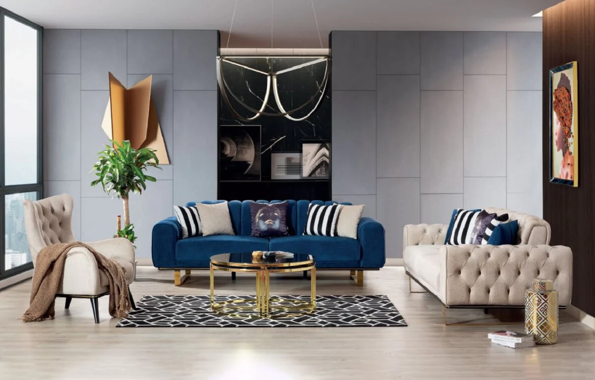 Luxury sofa blue / black / gold 240 x 100 x H. 85 cm - Modern living room sofa - Luxury living room furniture