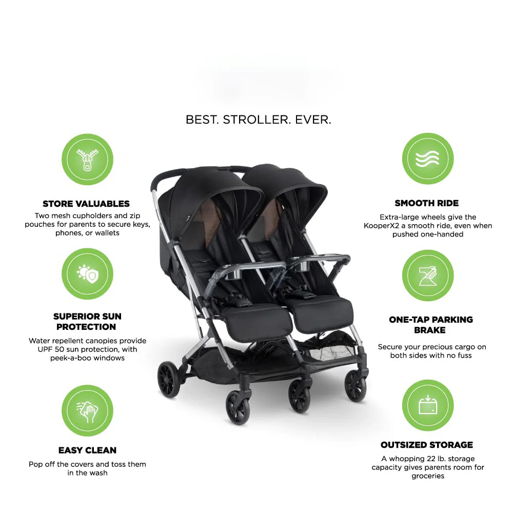 Side-by-Side-Doppelkinderwagen mit zwei Snack-Tabletts, einhändig klappbaren Sitzen, verstellbaren Liegesitzen, verstellbaren Beinstützen und 2 Reißverschlusstaschen zur Aufbewahrung, geschmiedetes Eisen