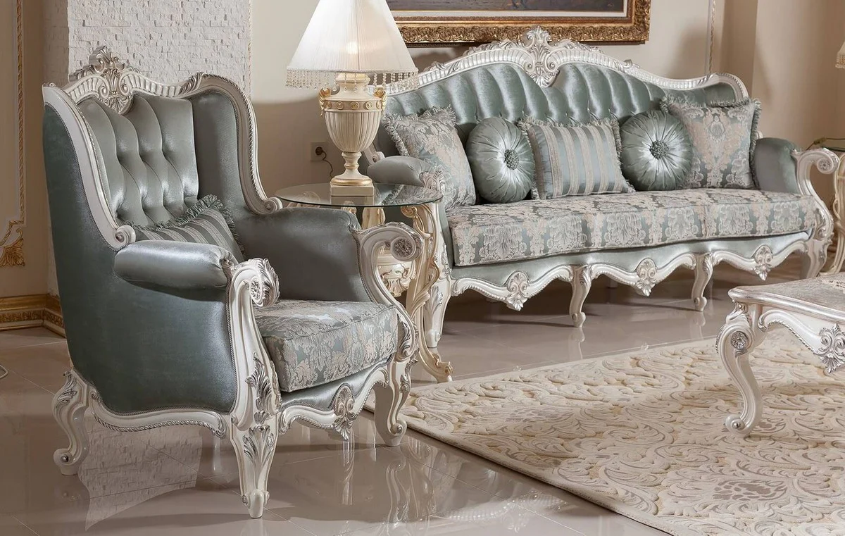 Luxury Baroque Living Room Furniture Set Green/White/Silver