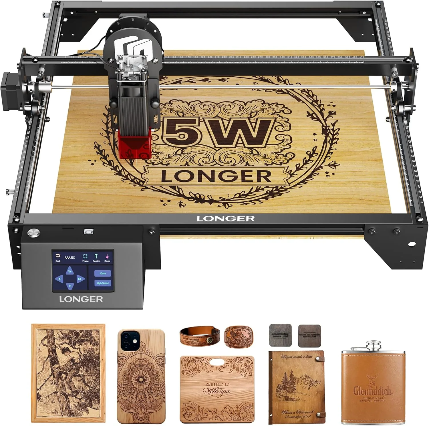 Longer RAY5 laser engraver, 5W output power, 0.08*0.08mm high precision laser engraving for wood, metal, glass, acrylic, leather 15.7x15.7, laser engraving machine for wood/glass/acrylic