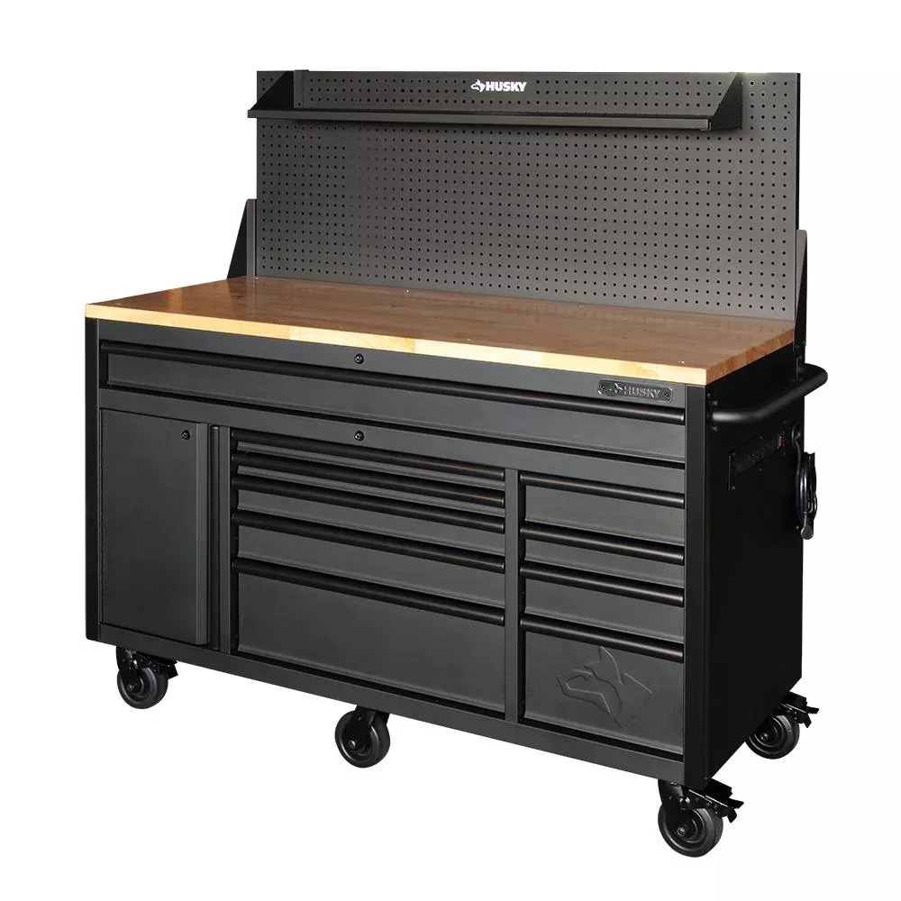 HEAVY-DUTY 61 IN W 10-DRAWER 1-DOOR, DEEP TOOL CHEST MOBILE WORKBENCH IN MATTE BLACK W/ HARDWOOD TOP, PEGBOARD & SHELF