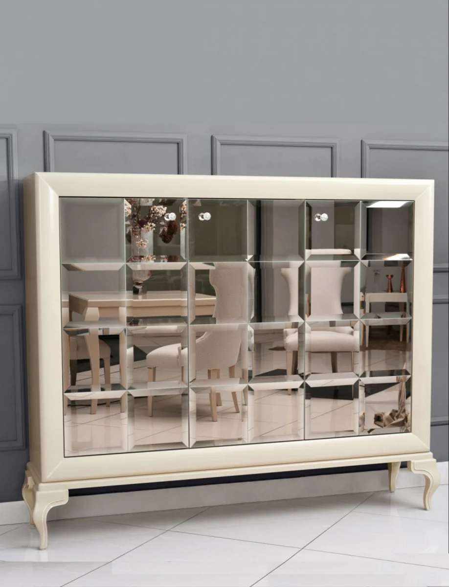 Luxury neoclassic chest of drawers mirrored white / gold 179 x H147 cm - sideboard art deco furniture