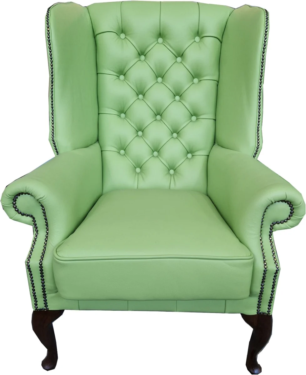 Luxury Chesterfield genuine leather wing chair light green / dark brown H. 110 cm