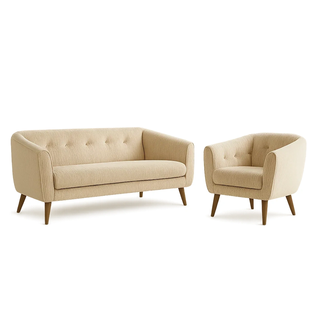 Sofagarnitur, 2-Sitzer-Sofa und Sessel, Massivholzrahmen, Schaumstoffpolsterung, Cordbezug, beige, für den Innenbereich, 2-Sitzer-Sofa 140 x 75 x 80 cm, Sessel 75 x 75 x 80 cm - 82NeTtvX0MAP