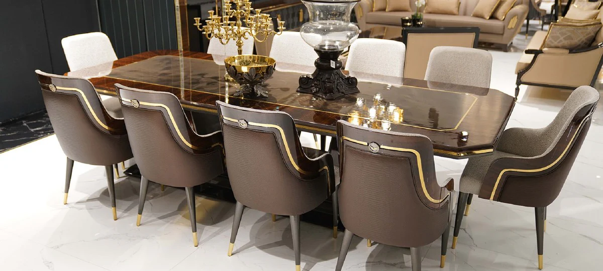 Luxury Dining Room Set Gray / Brown / Gold - 1 Dining Table & 10 Dining Chairs - Luxury Dining Room Furniture - Luxury Quality
