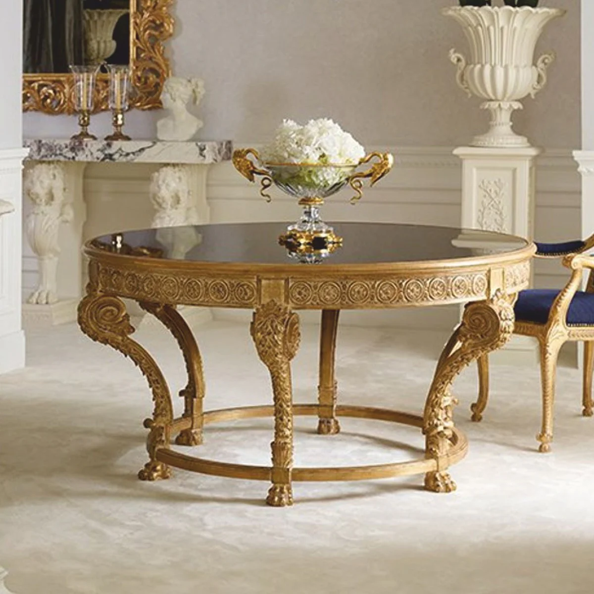 Luxury baroque dining table with glass top natural color / black Ø 142 cm - Made in Italy
