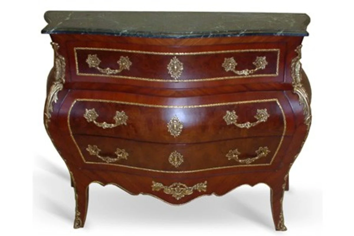 Barock Kommode mit Marmorplatte Mahagoni Braun mit goldenen Metallapplikationen 124 cm - Hotel Collection