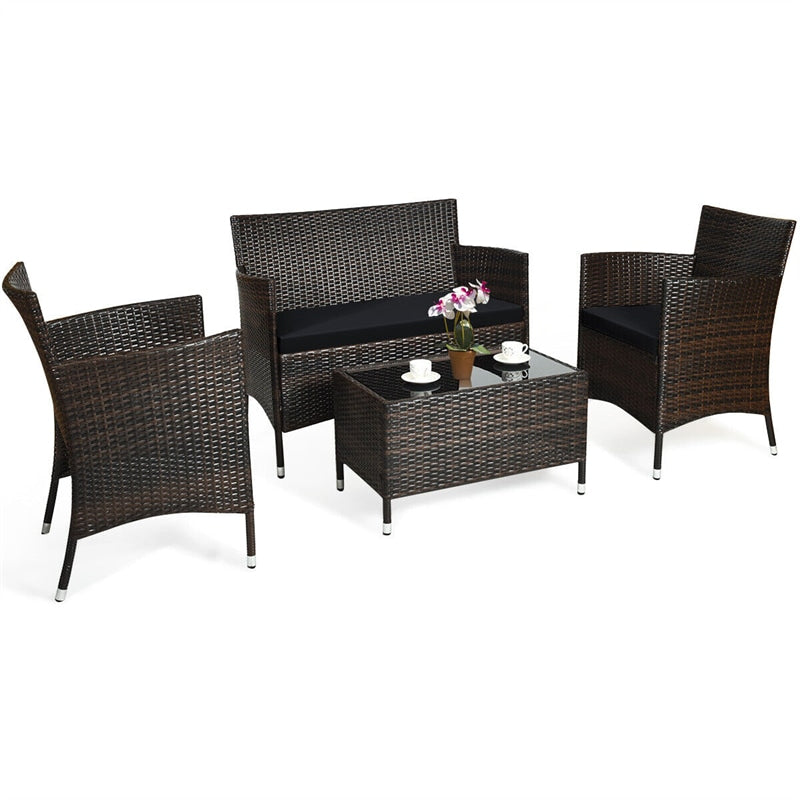 4 Pcs Outdoor Rattan Patio Conversation Set Wicker Furniture Set with Coffee Table and Cushion Sofas