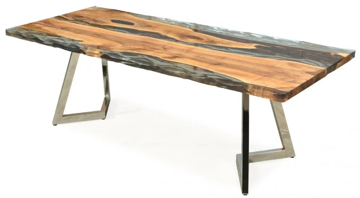 Luxury dining table brown / silver 230 x 100 x H. 76 cm - Rectangular kitchen table with epoxy resin - Dining room furniture - Epoxy resin furniture - Luxury furniture