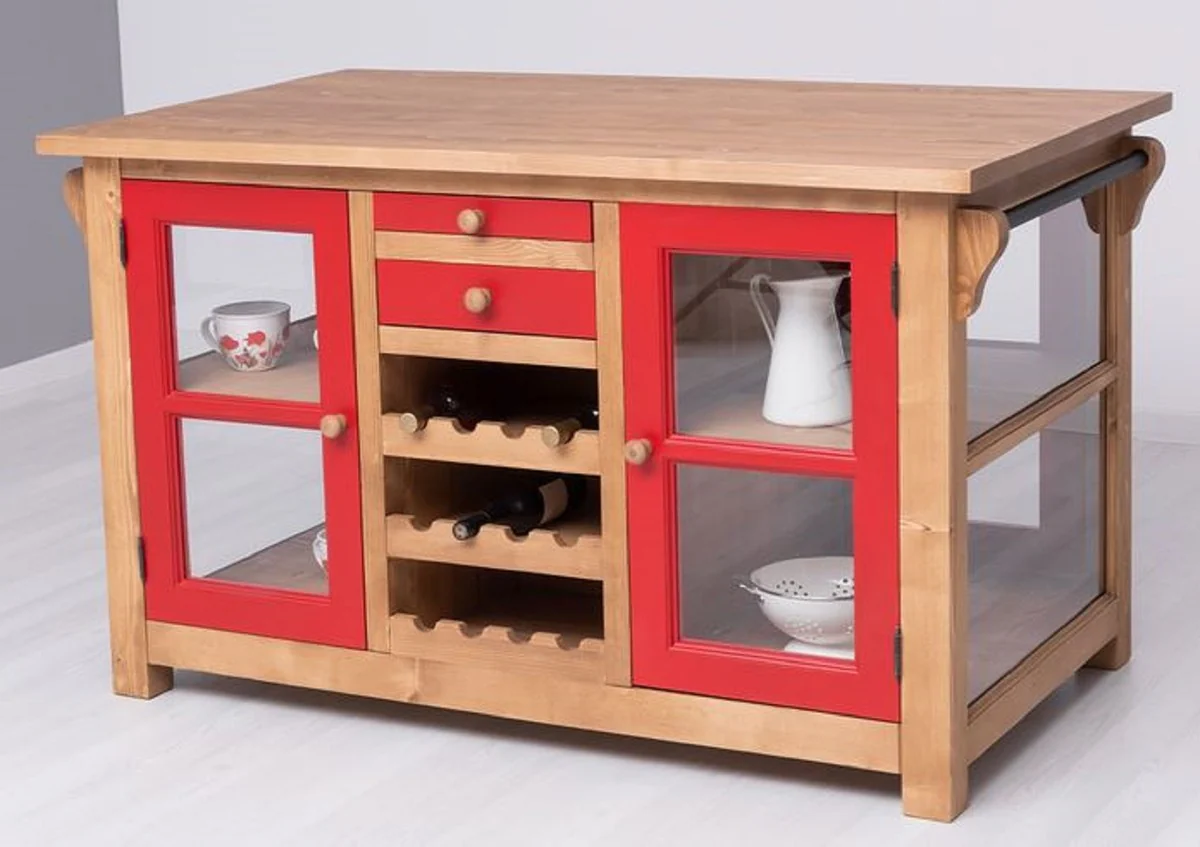 Country house style kitchen island natural colors / red 150 x 90 x H. 90 cm - solid wood kitchen cabinet - country house style solid wood kitchen furniture - solid wood dining room furniture in country house style