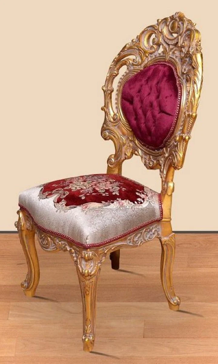 Baroque dining room chair Bordeaux red / silver / gold 60 x 50 x H. 120 cm - Magnificent solid wood kitchen chair with an elegant pattern - Baroque dining room furniture