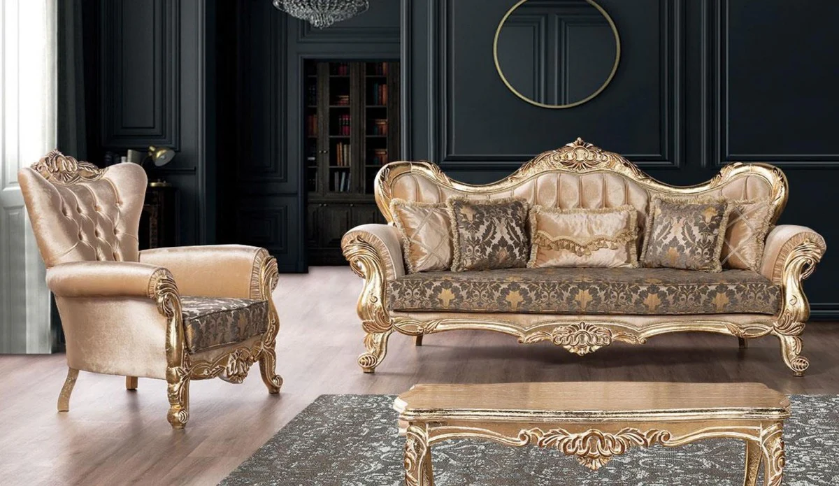 Luxus Barock Wohnzimmer Set Beige / Schwarz / Gold - 2 Barock Sofas mit Muster & 2 Barock Sessel mit Muster & 1 Barock Couchtisch - Barock Wohnzimmer Möbel