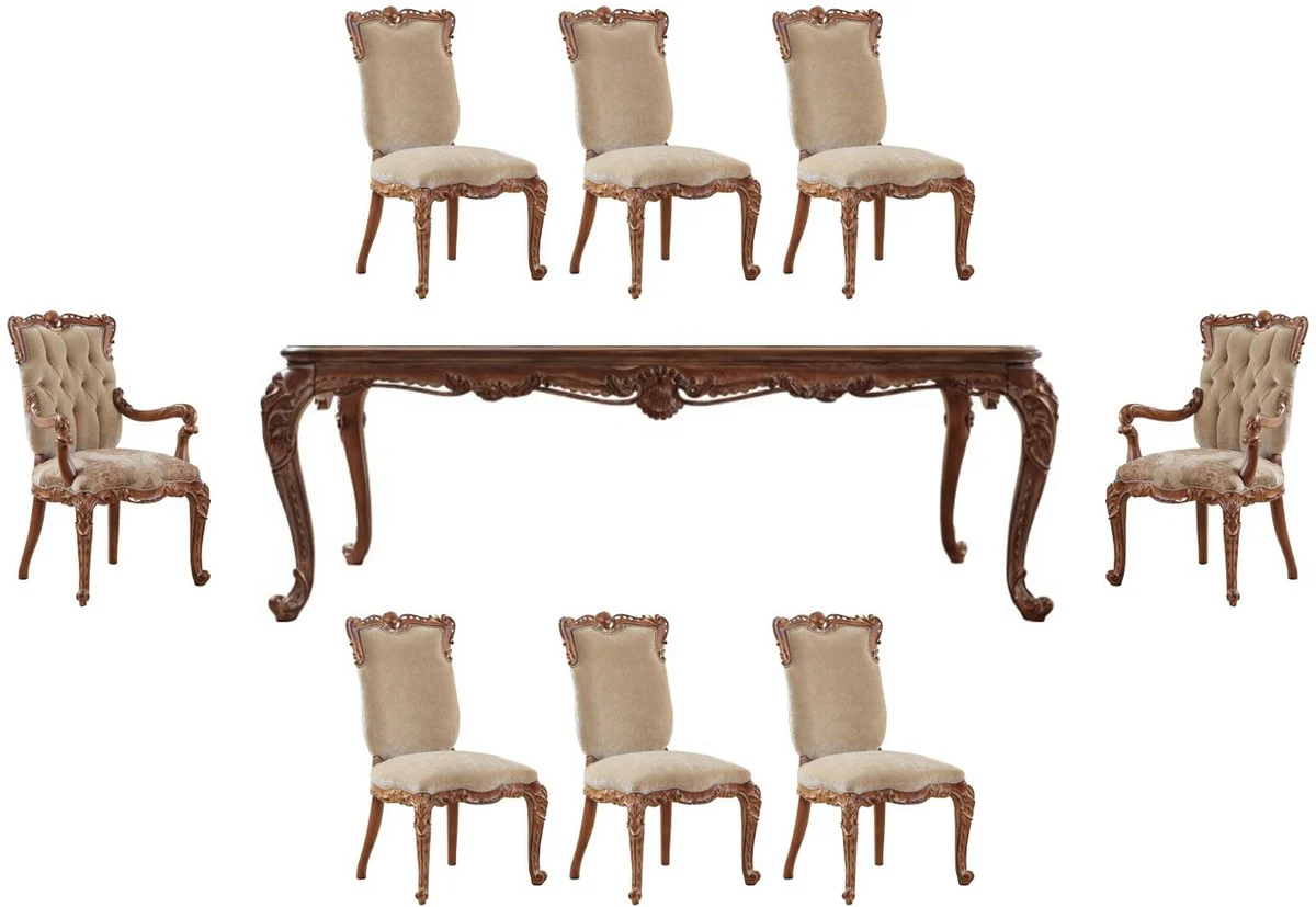 Luxury Baroque Dining Room Set Beige / Brown - 1 Baroque Dining Table & 8 Baroque Dining Chairs - Dining Room Furniture in Baroque Style - Noble & Magnificent