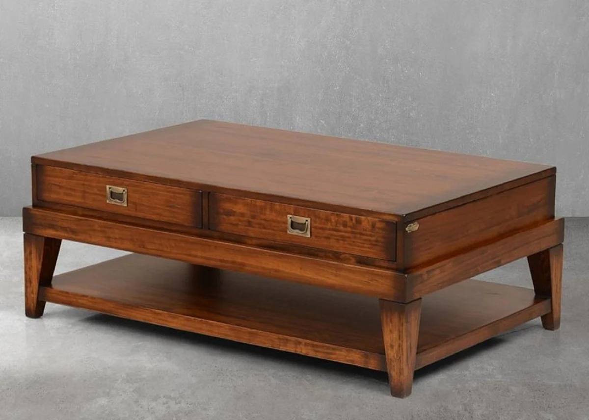 Luxury vintage style coffee table brown / brass 124 x 79 x H. 49 cm - Rectangular solid wood living room table with drawers - Vintage style living room furniture - Luxury furniture