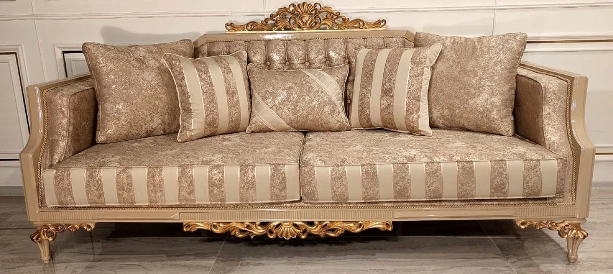 Luxury Baroque Sofa Gold / Beige / Gold - Magnificent Living Room Sofa with Stripes - Baroque Living Room & Hotel Furniture - Noble & Magnificent