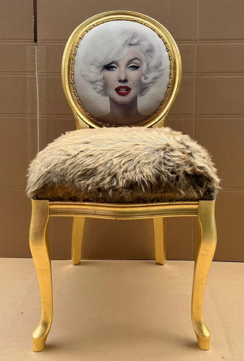 Luxury Baroque Dining Chair Marilyn Monroe Brown / Multicolor / Gold - Handmade Pop Art Designer Chair with Faux Fur - Baroque Dining Room Furniture