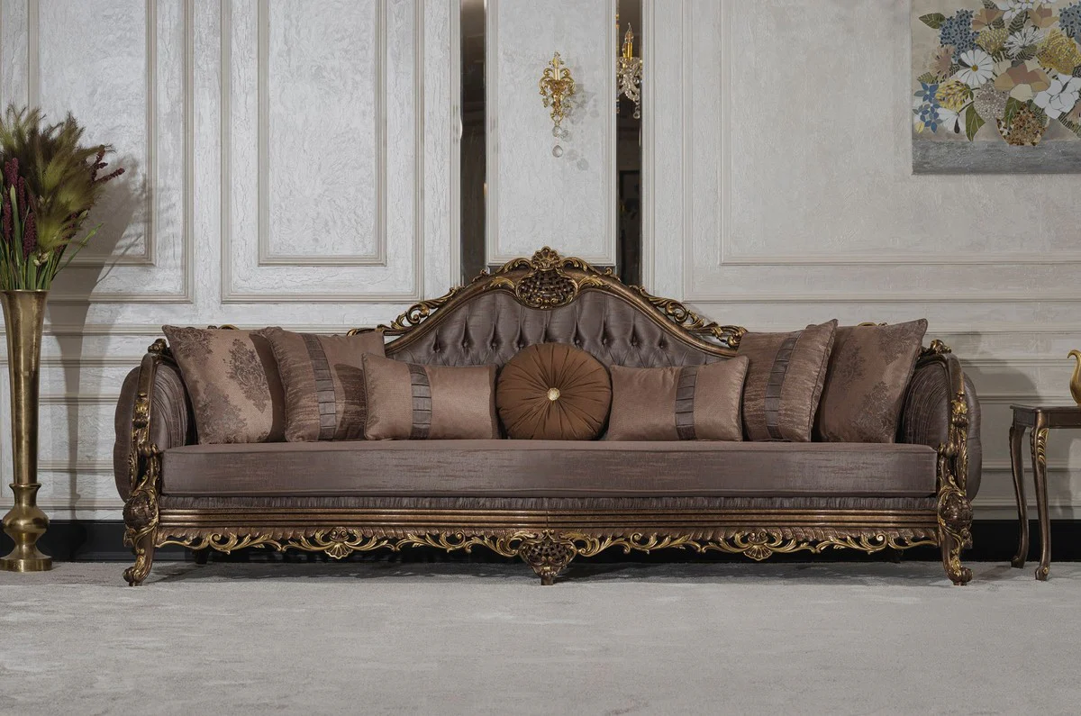 Luxury Baroque Living Room Sofa Gray / Brown / Gold - Handmade Baroque Style Sofa with Decorative Pillows - Luxury Living Room Furniture in Baroque Style - Baroque Furniture - Noble & Magnificent