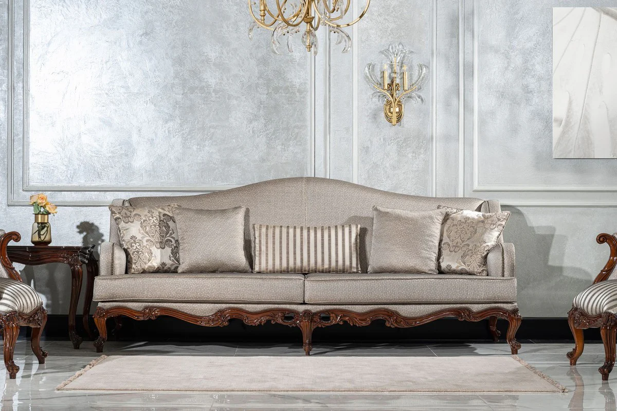 Luxury Baroque Living Room Sofa Silver / Brown - Handmade Baroque Style Sofa with Decorative Pillows - Luxury Living Room Furniture in Baroque Style - Baroque Furniture - Noble & Magnificent
