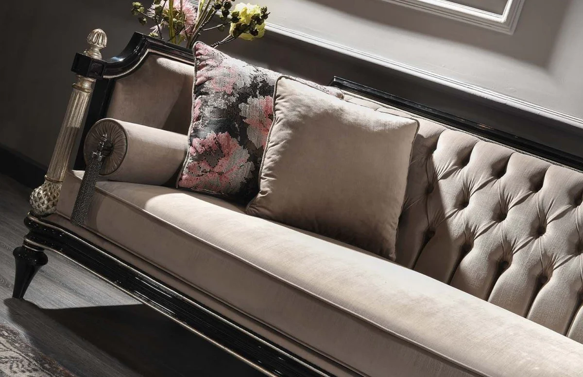 Luxury baroque velvet sofa beige / black / silver / antique gold 250 x 95 x H. 80 cm - magnificent living room sofa in baroque style