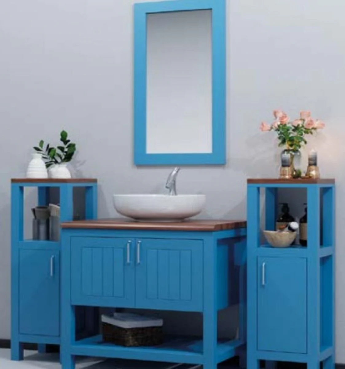 Country house style bathroom set blue / brown - 1 washbasin cabinet with ceramic washbasin & 2 shelf cabinets & 1 wall mirror - solid wood bathroom furniture - country house style bathroom furniture
