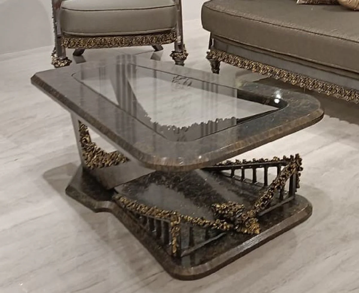 Luxus Barock Wohnzimmer Set Grau / Gold - 2 Barock Sofas & 2 Barock Sessel & 1 Barock Couchtisch mit Glasplatte - Handgefertigte Luxus Wohnzimmer Möbel im Barockstil