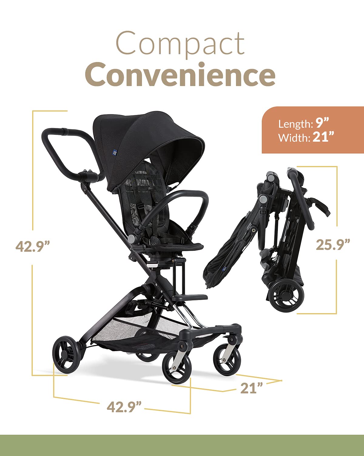 Unilove On The Go 3-in-1 Leichter Reise-Roller mit reversiblem Kleinkindersitz - Reise-Roller für Kleinkinder Aged 1-3 - Kompaktes Baby-Roller für Reisen - Faltbar, robust, Safe - Mitternacht Schwarz