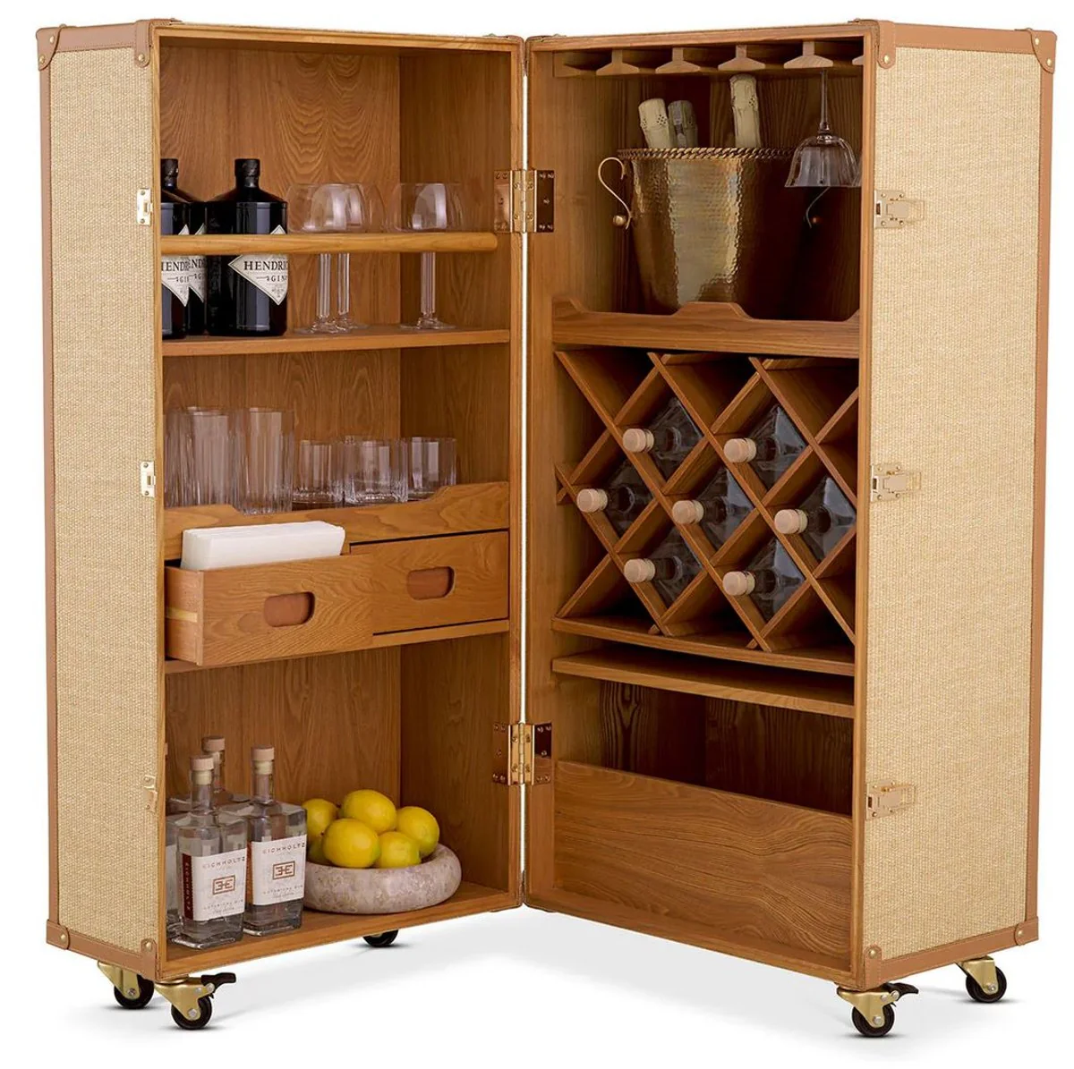 Luxury wine cabinet in suitcase design natural colors / brown 59 x 59 x H. 122.5 cm - suitcase cabinet with wheels - bar furniture - luxury furniture - luxury quality