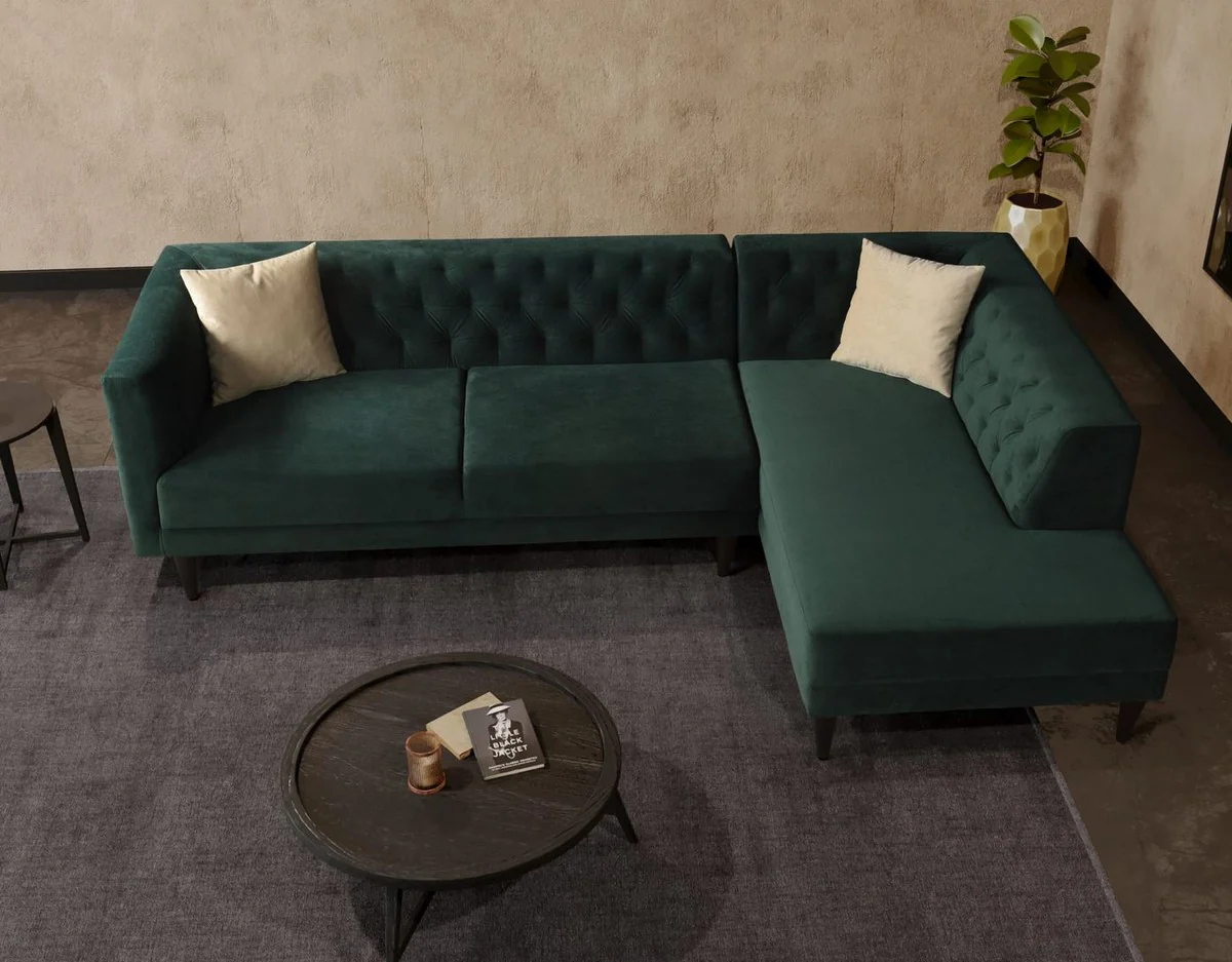 Luxury corner sofa green / black 262 x 178 x H. 74 cm - Living room sofa with elegant velvet fabric - Living room furniture - Luxury furniture - Luxury living room furnishings