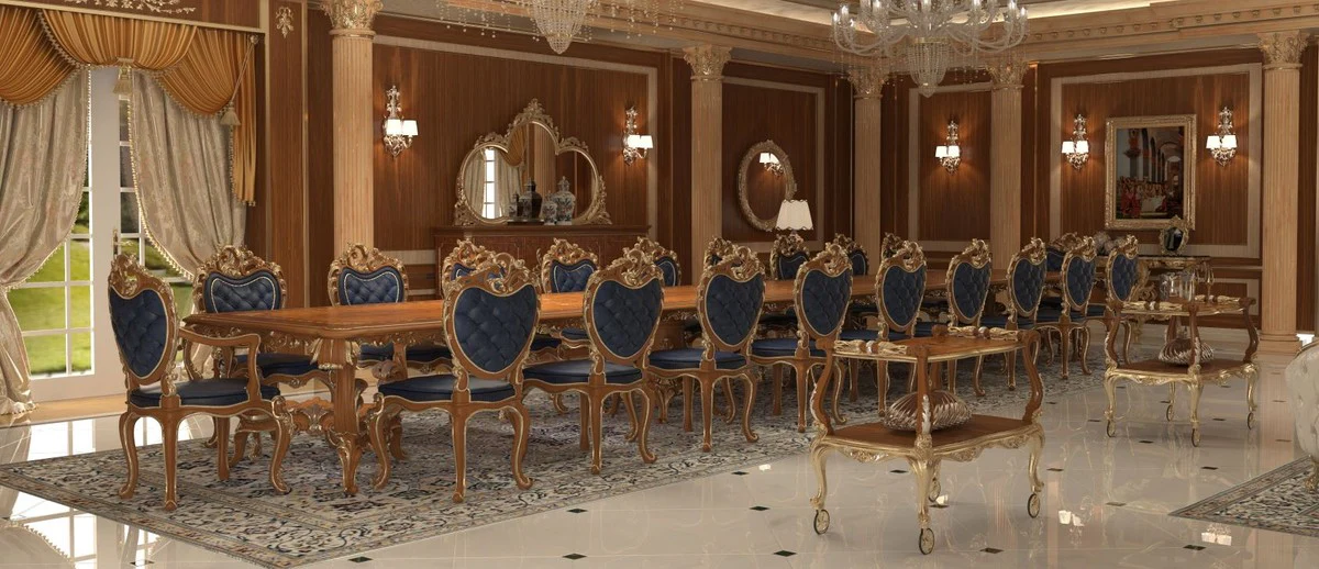 Luxury Baroque Dining Room Chair Set Dark Blue / Brown / Gold 57 x 62 x H. 105 cm - Magnificent Kitchen Chairs Set of 4 - Hotel Restaurant Castle Furniture - Luxury Quality - Made in Italy