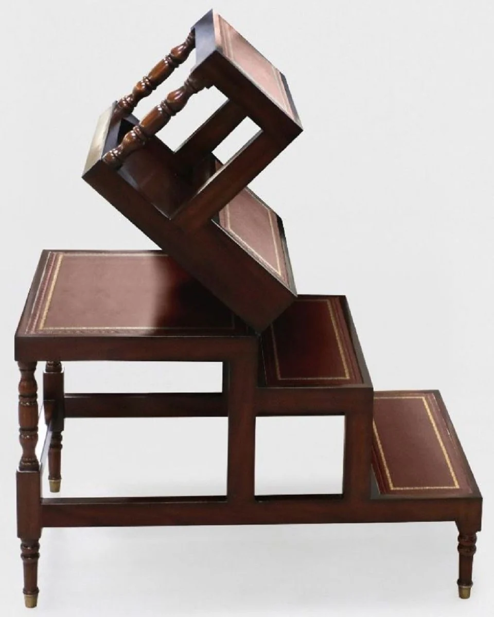 Luxury Art Nouveau coffee table dark brown / burgundy red / gold - fold-out solid wood library stairs with real leather - Art Nouveau living room furniture - noble & magnificent