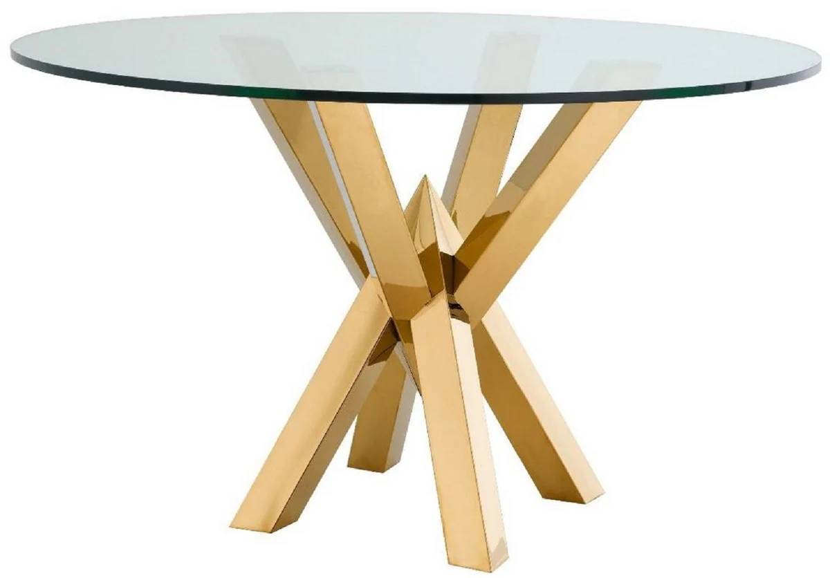 Luxury dining table gold Ø 125 x H. 75 cm - Round stainless steel kitchen table with glass top - Luxury dining room furniture