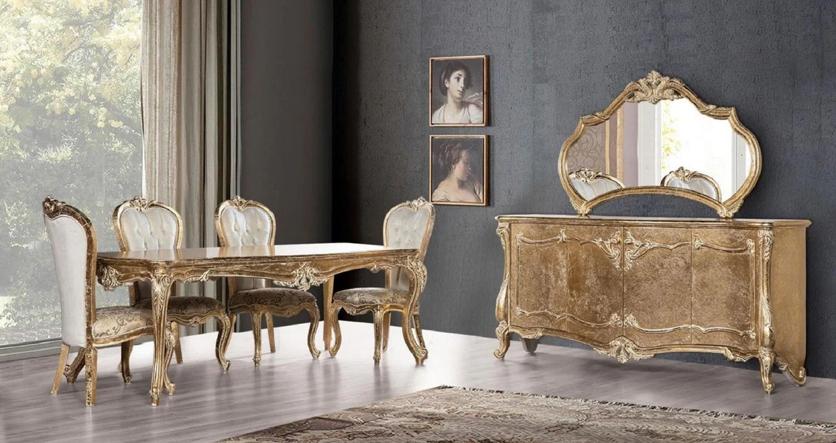 Luxury Baroque Dining Room Set White / Gold / Antique Gold - 1 Baroque Dining Table & 6 Baroque Dining Chairs - Dining Room Furniture in Baroque Style - Noble & Magnificent