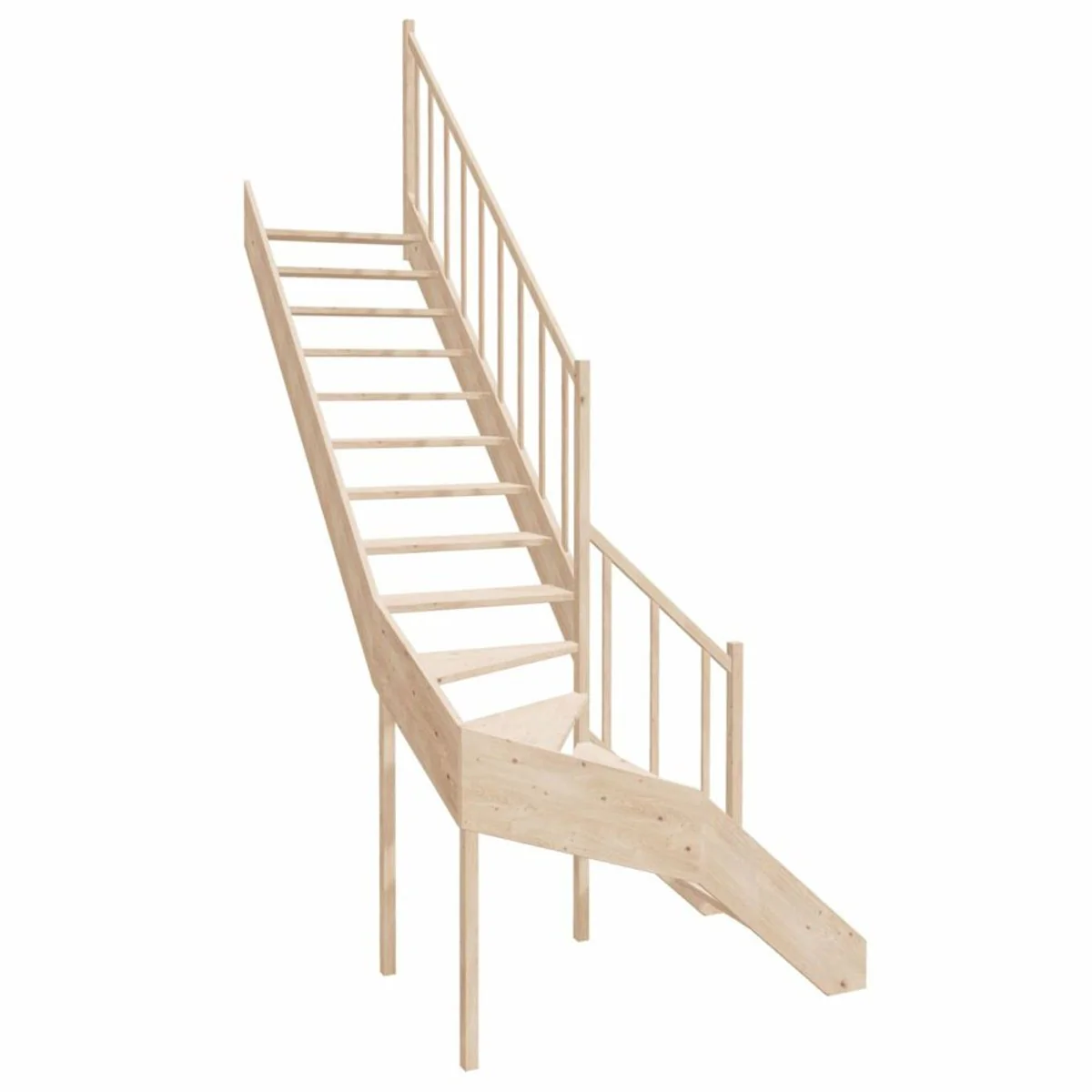 Luxury corner wooden staircase with railing right side natural color H. 304 cm