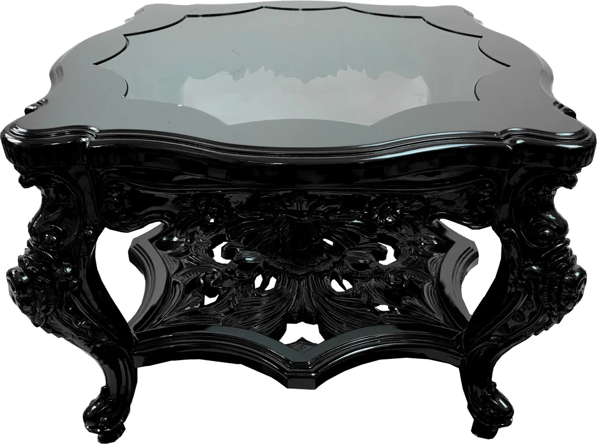 Magnificent hand-carved luxury baroque coffee table black with inserted glass top 76 x 76 x H 52.5 cm from Casa Padrino