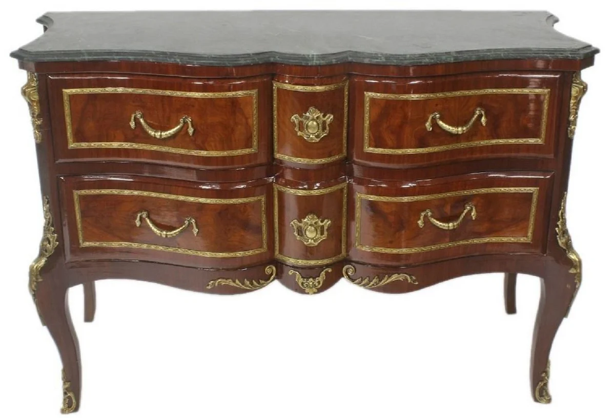 Baroque chest of drawers brown / gold / green 120 x 50 x H. 80 cm - Elegant solid wood chest of drawers with drawers and marble top - Furniture in the baroque style