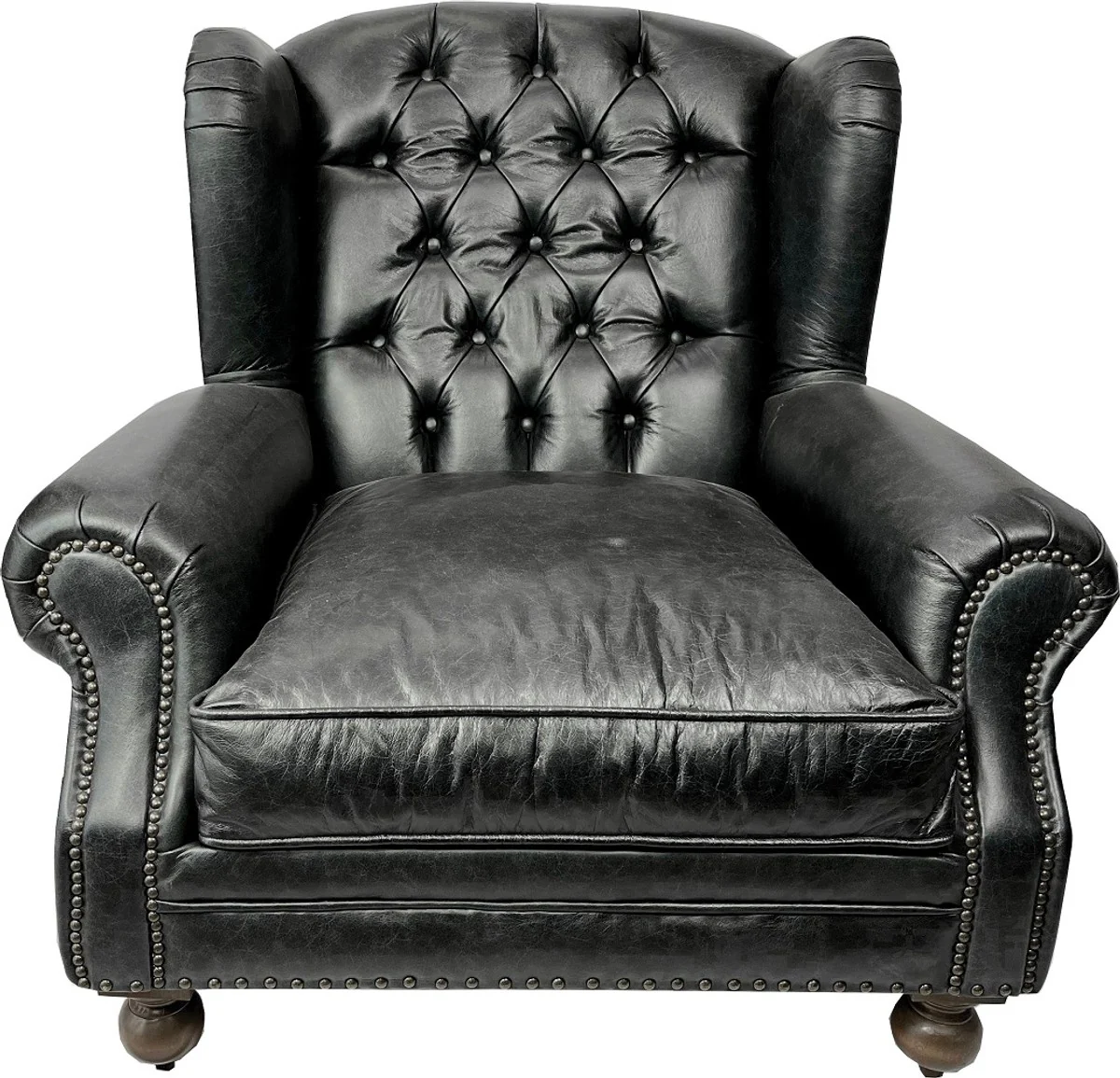 Luxury Chesterfield Leather Wing Chair Vintage Black / Dark Brown - Chesterfield Genuine Leather Living Room Armchair - Living Room Furniture - Chesterfield Furniture - Real Leather Furniture - Luxury Furniture